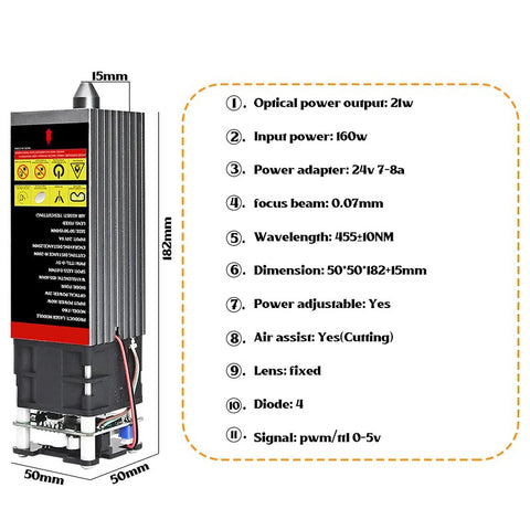 160W Laser Module With Air Assist Optical Power 21W 4 Diode Laser Head For Engraving Machine Wood Engraver Cutter Acrylic